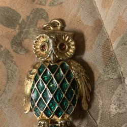 Vintage Owl Pendant  Green Enamel Rhinestone Eyes Wisdom Figural Horned Owl Nocturnal Animal 