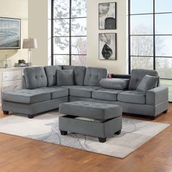 3pc Reversible Sectional Sofa Set W/ Storage Ottoman-Dark Gray   🔥  Bonito Juego De Sala De  Sala De 3 Piezas Color Gris    🔥  3-Piece Sectional Set