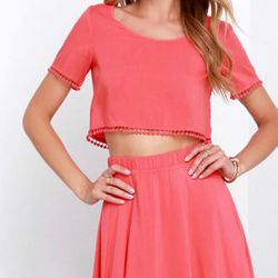 Size S Lulu’s Pink Skirt And Front Trim Crop Top 