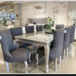 7 Piece Elegance Metallic Silver Rectangular Top Glass Extension Dining Table And Upholstered Chairs🌟 Dining Room Set🌸Financing Options🤩