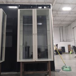 Tall Off-White Glass China Cabinet in Wood