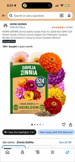 HOME GROWN Zinnia Dahlia Seeds 524 Non-GMO Heirloom Flower Seeds NEW