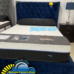 Queen Diamond Blue Velvet Mattress And Box Tall Headboard 