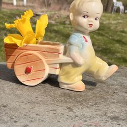 Vintage Planter Blond Blue Eyed Boy in Overalls Pulling Cart Wheelbarrow MCM
