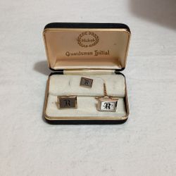 Vintage Guardsman Initial Hickok "R" Monogram Cuff Links & Tie Tack Set With Case