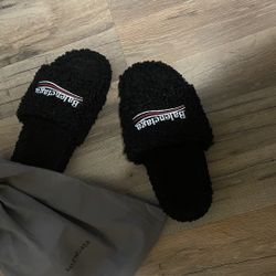 Balenciaga Men's Black Faux Fur Slides.