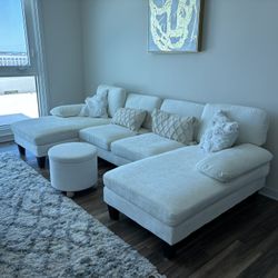 White Double Sectional Couch & Ottoman 