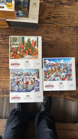 Winter/Holiday Puzzles Three 1000 piece jigsaw puzzles Pond Hockey, Trimming the Tree, Christmas Village