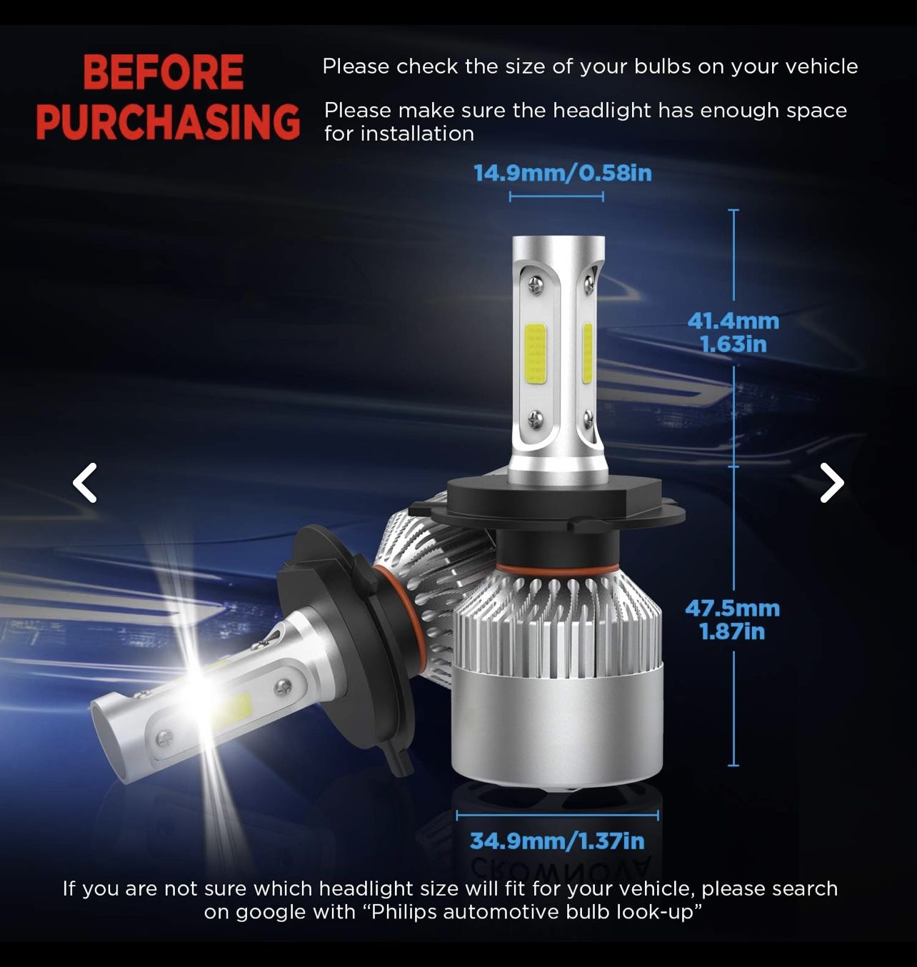 Crownova 9003/HB2/H4 Led Headlight Bulb Hi/Lo Beam, S2 Series Flip COB Chips, 3600lm 6500k Cool Daylight