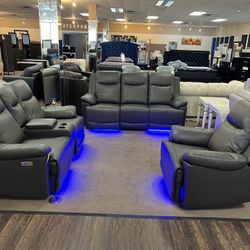 3Pcs Grey Leather Power Recliner SET ( Sofa, Loveseat, Chair) w//Led lights 