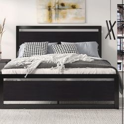 Queen Size Bed Frame with Modern Wooden Headboard/Heavy Duty Platform Metal Bed Frame with Square Frame Footboard & 13 Strong Metal Slats Sup
