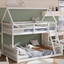 White Wooded Bunk Bed. Twin Over Full. With Full Mattress!  