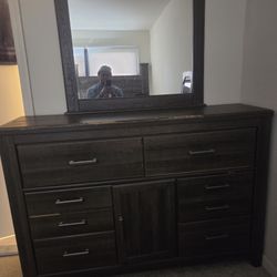 Ashley Love Seat, Queen Bedframe, Dresser, Mirror, And Nightstand 