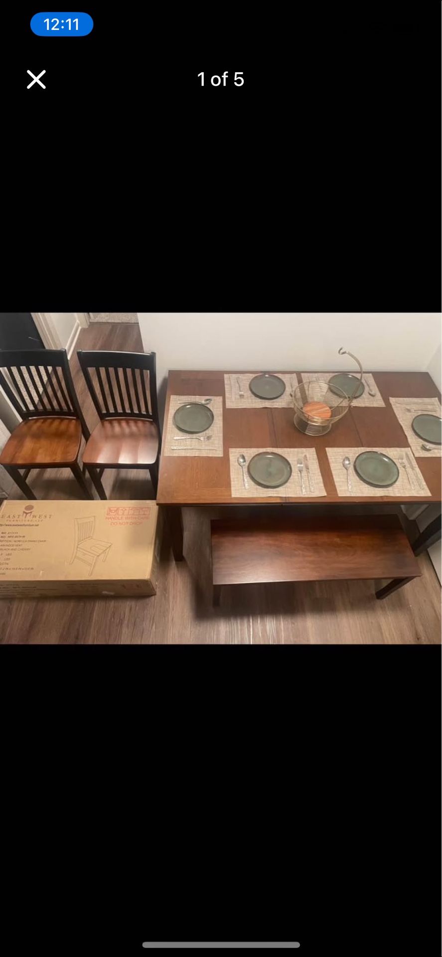 (Brand new) Farmhouse Style Dining Room Set ~5’5’ Table w/ Leaf, 4 Chairs, and Bench) ~Sold as a set
