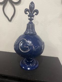 Blue Decorative Urn with Fleur-de-Lis Finial