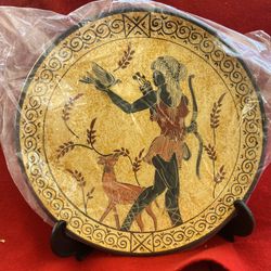 9.25 Inch Handmade Hand Painted Hand Etched Greek Ceramic Wall Hanging Plate Imported From Greece (Stand Not Included) 