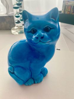 Blue Glazed Ceramic Cat Figurine