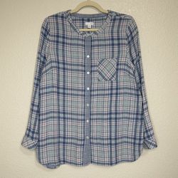 J. Jill Blue Plaid Button Front Soft Gauze Long Sleeves Top