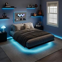Floating Bed Frame Queen Size with  LED Lights and Charging Station, Heavy Duty Metal, Black C-1
