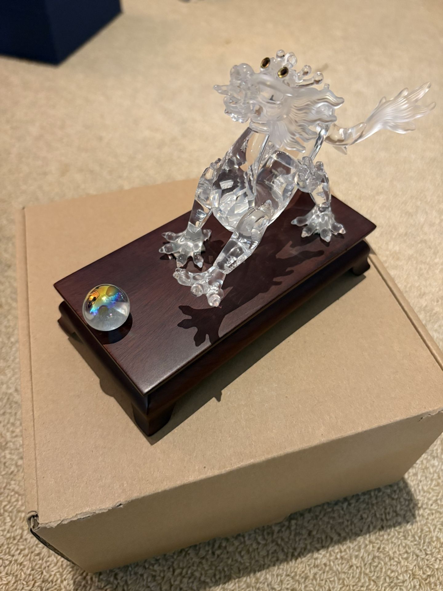 Swarovski Crystal Dragon Figurine with Orb & Wooden Stand