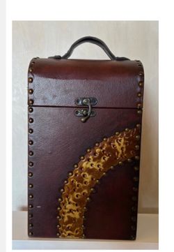 Two Wine Bottle Case, Faux Leather Wood Studded Wine Box Tote