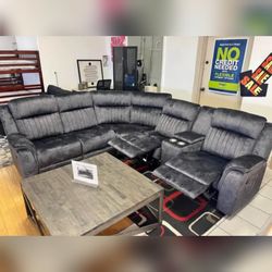 BLUE GRAY Faux Suede Modular Sectional Sofa w/ Power Recliner