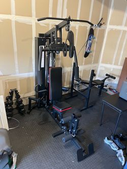 Multi-Station Home Gym Machine + bench + dumbbells