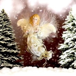 Victorian Sweet Christmas Angel Feathered Wings Gold Swirly Ribbons 