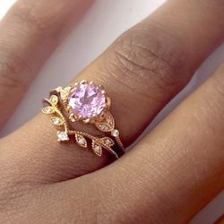 Pink Sapphire Engagement Ring ($750) and Wedding Band ($450) SET, 18k Solid Rose Gold, Ring Size 5.5