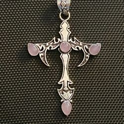 Pink Rose Quartz Silver 2.5” Cross Pendant-Goth