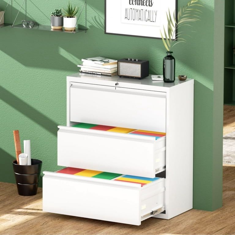  3 Drawer Filing Cabinet, White Lateral File Cabinet with Lock, Lockable Metal File Cabinets with Adjustable Hanging Bars&2 Keys, Locking File Cabinet