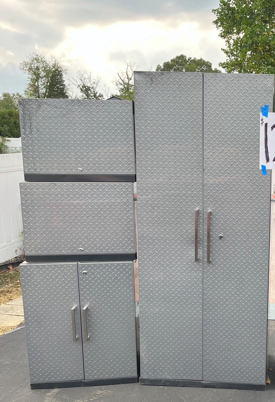 New Age Garage Cabinets Performance edition - Diamond plate silver and stainless steel. $600 for set