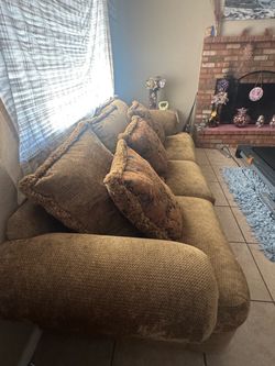Large Tan Fabric Sofa with Throw Pillows