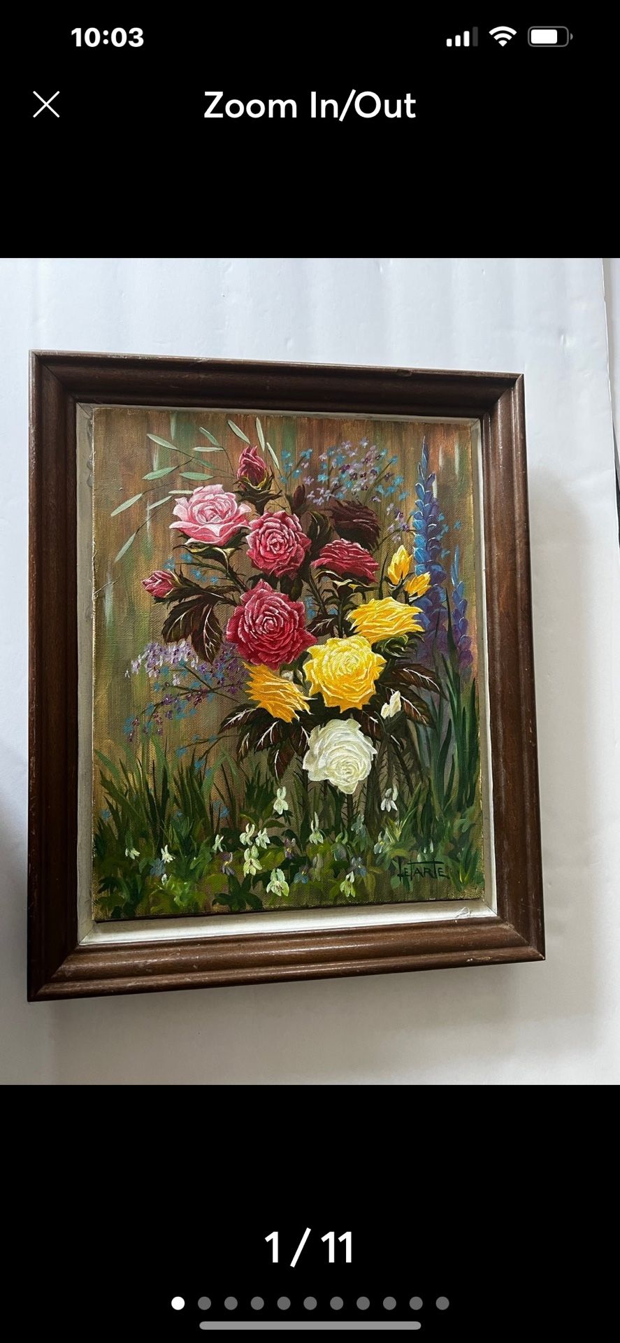 Vintage Oil Painting Roses signed by original artist in wood frame