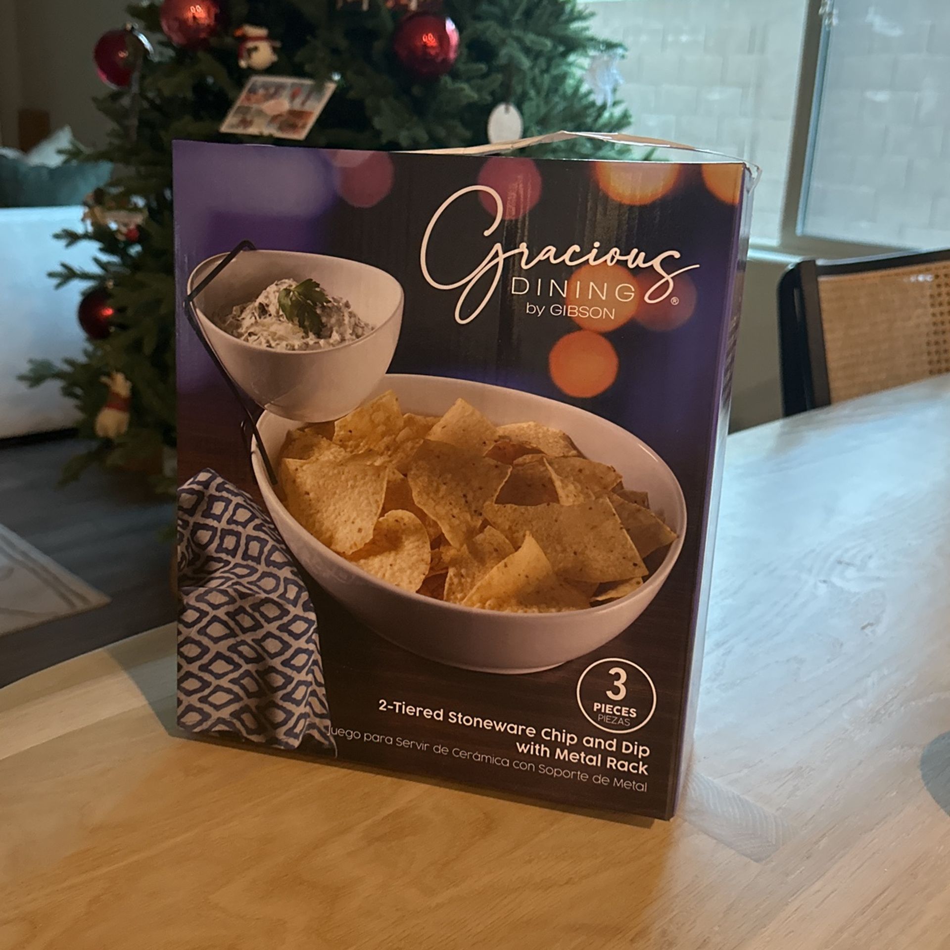 2 Tiered stoneware chip and dip With Metal Rack - Brand New