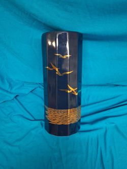 Dark Blue Ceramic Vase with Gold Bird Design