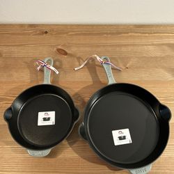 Brand New Staub Enameled Cast Iron Pans  Never used sizes 8.5” and 11” in a stunning light greygreen