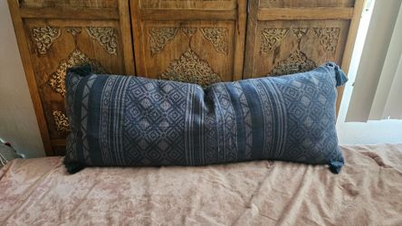 Blue Decor Pillow LONG with tassels and embroidery boho