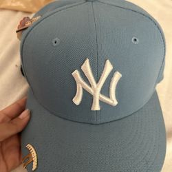 NY baby Blue Fitted Hat Pink Brim Size 7