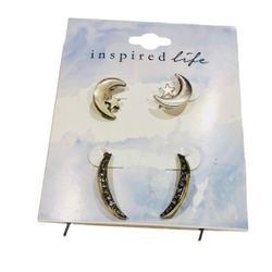 INSPIRED LIFE  Silver Set Of 2 Moon  Studded Earrings w/ Rhinestones NWT