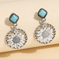 New Boho Western Silver Turquoise Stone Sunflower Rope Circle Dangle Earrings