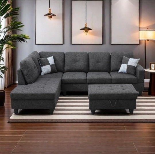 New Charcoal Grey Linen Sectional with Storage Ottoman