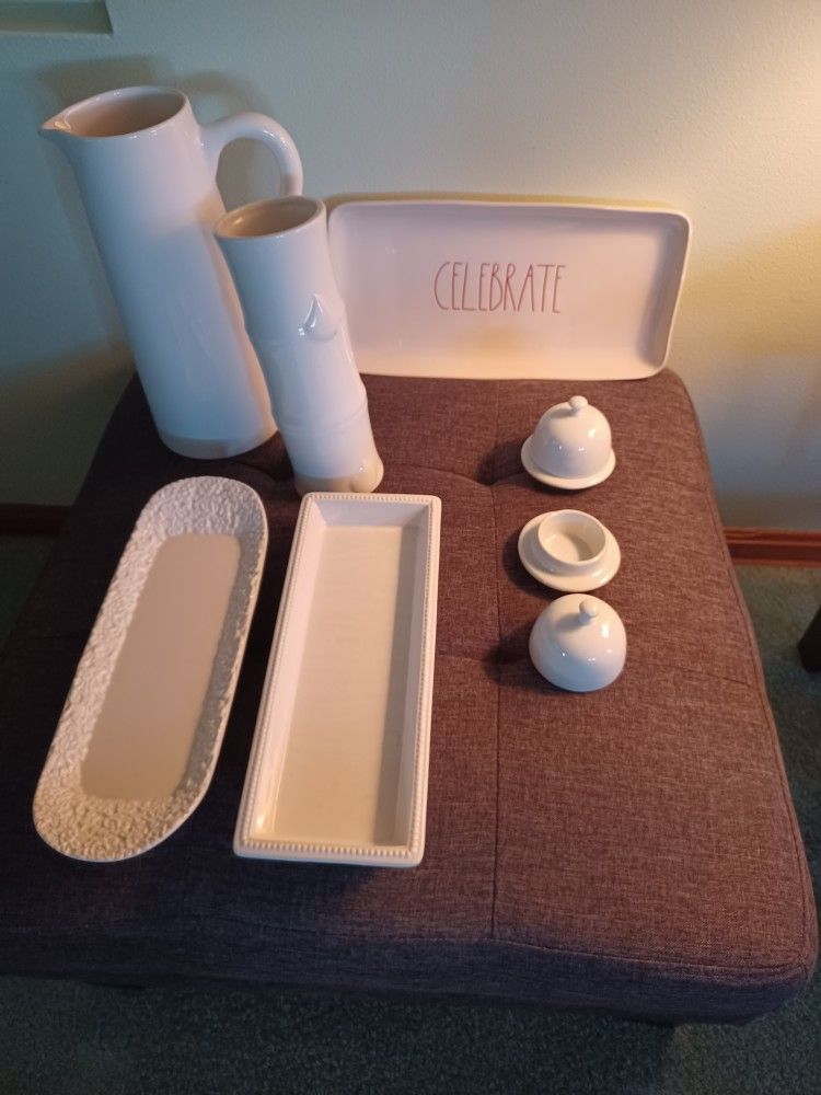 Various Ceramic Platters, Flower Vase ,Pitcher, Other Pieces Sold As A Lot.