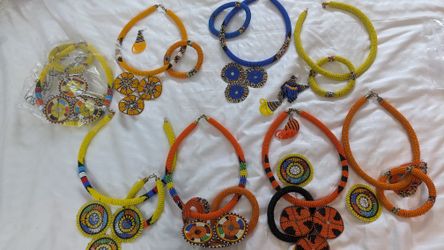Handmade African Necklace, Earrings, Bracelet Set - Multiple Colors
