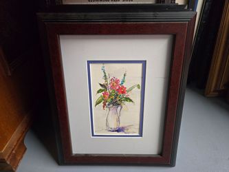 Framed Watercolor Floral Still Life Painting