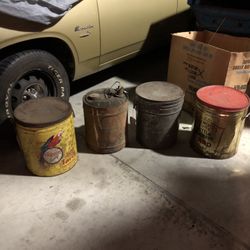 Four large antique vintage steel cans marathon food etc