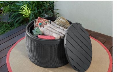 Outdoor Round Resin Wicker Storage Ottoman (New)
