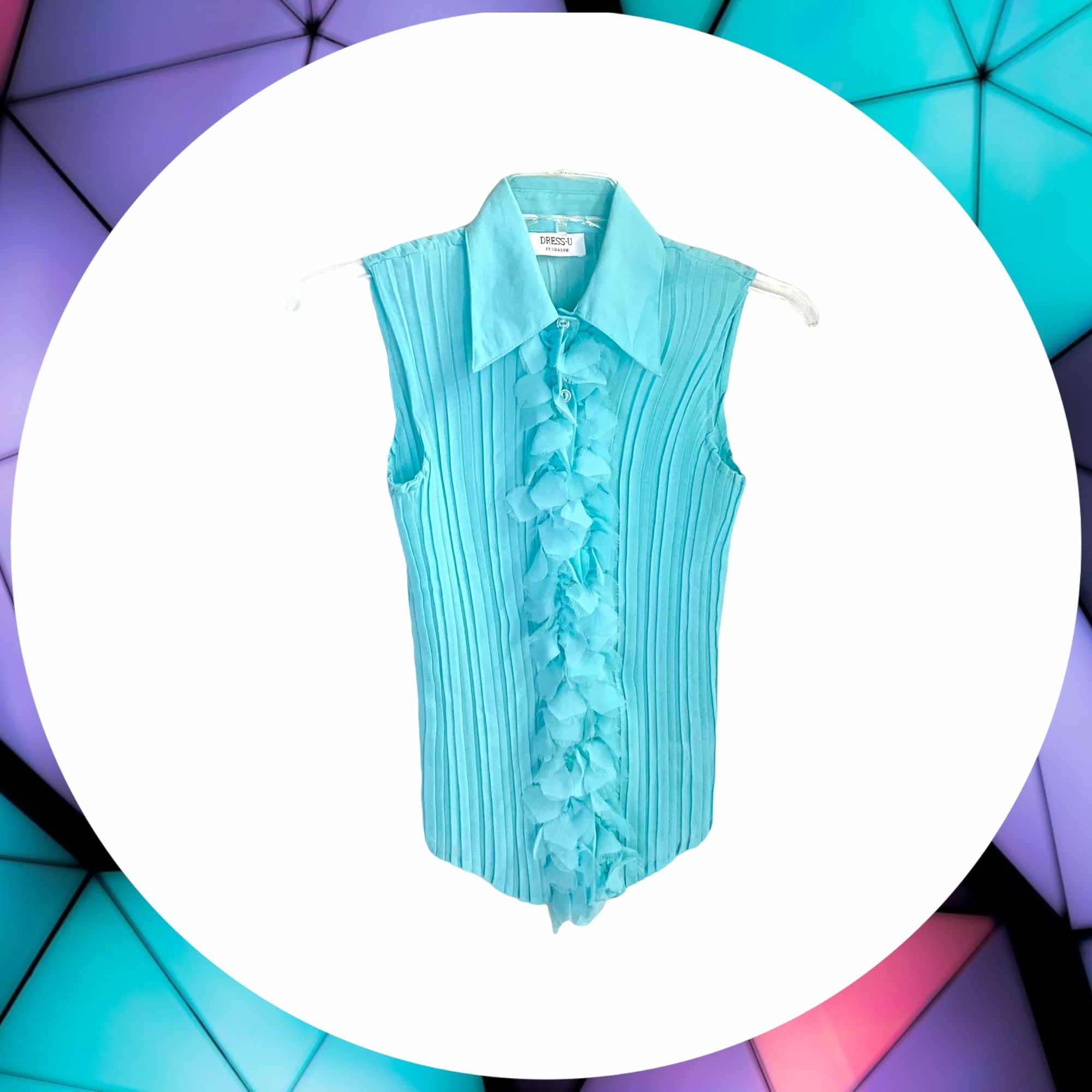 Dress-U by Sharon Semi Sheer Turquoise Sleeveless Blouse w Raw Edge Layered Petals Ruffle Women M