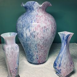 3 Pc Hand Blown Pastel Swirl  Art Glass Vases