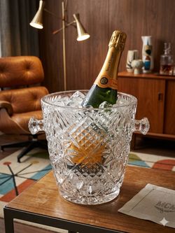 Glass Ice Bucket with Handles Diamond Cut Pattern